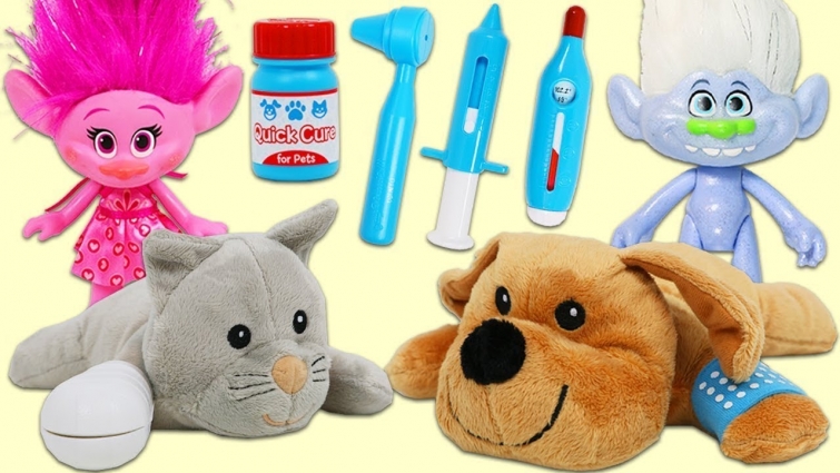 Trolls Poppy and Guy Diamond Take Pets to Pet Vet Toy hospital for a Checkup!